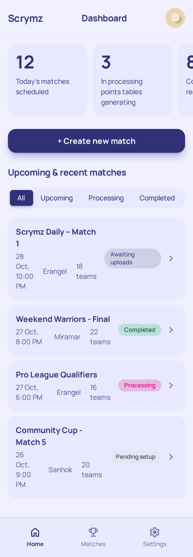 ScrymZ Tournament Dashboard Mockup