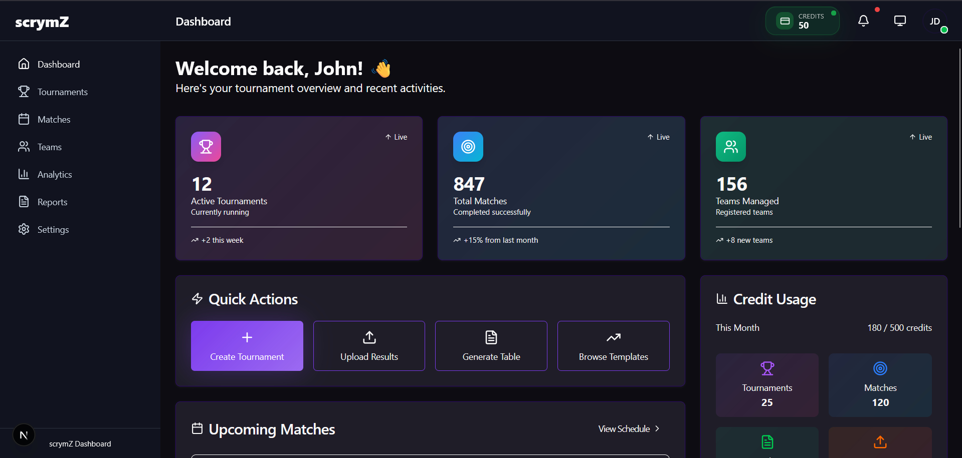 Tournament Management Dashboard (dark)