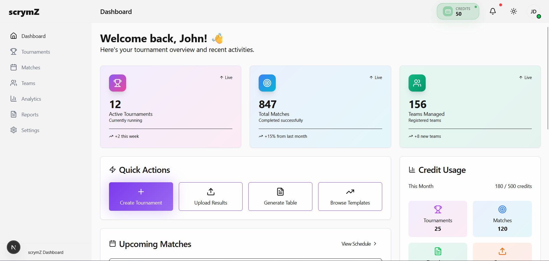 Tournament Management Dashboard (light)
